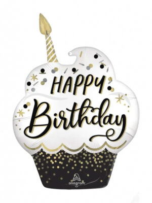 Фольгированный шар Кекс Happy Birthday – черно-золотой 73 x 55 см