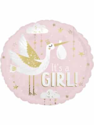 Шарик It's a Girl - аист на розовом 45 см