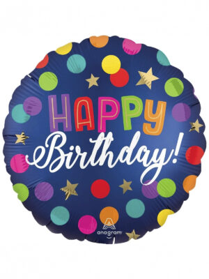 Шарик фольгированный Happy birthday - конфетти на голубом сатин 45см